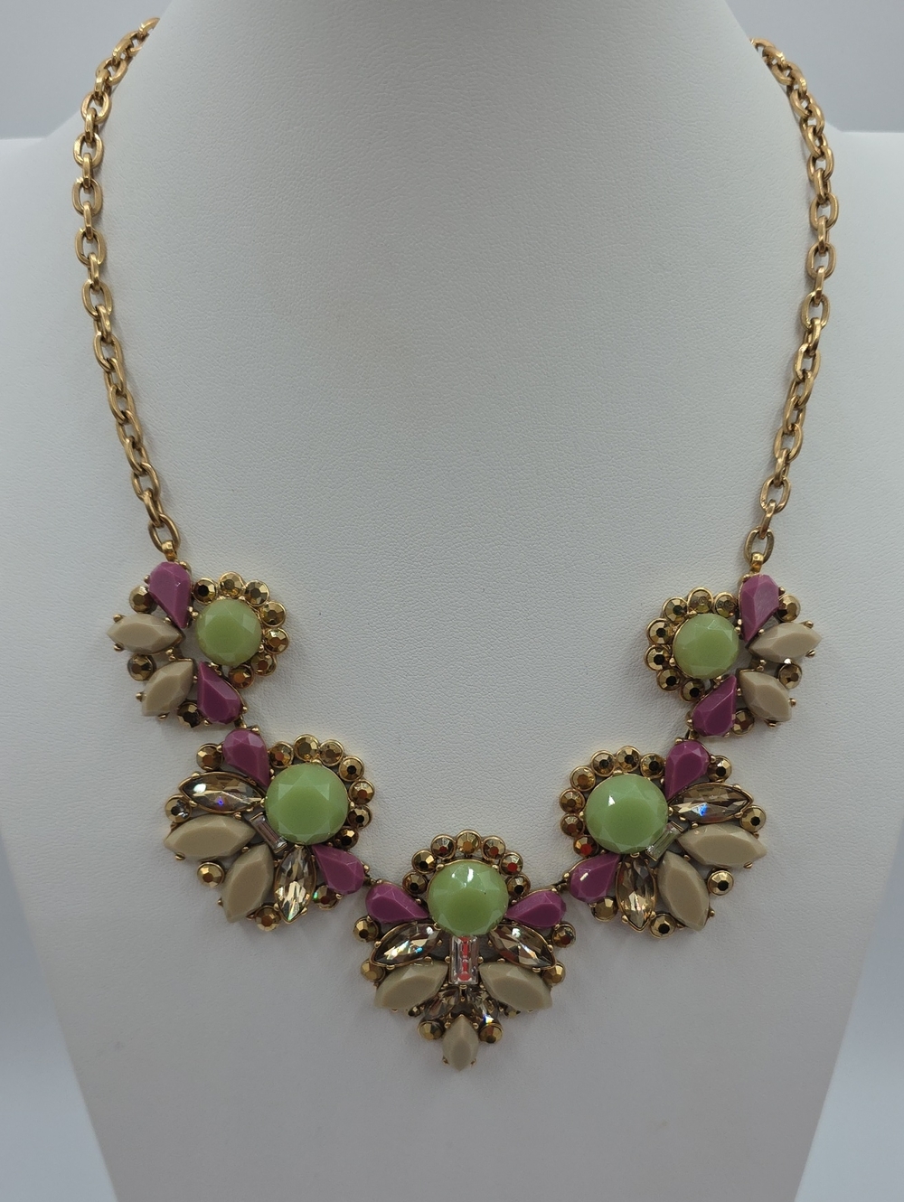 J. Crew Gold-Tone Statement Necklace with Lime Green and Fuchsia Accents Vintage
